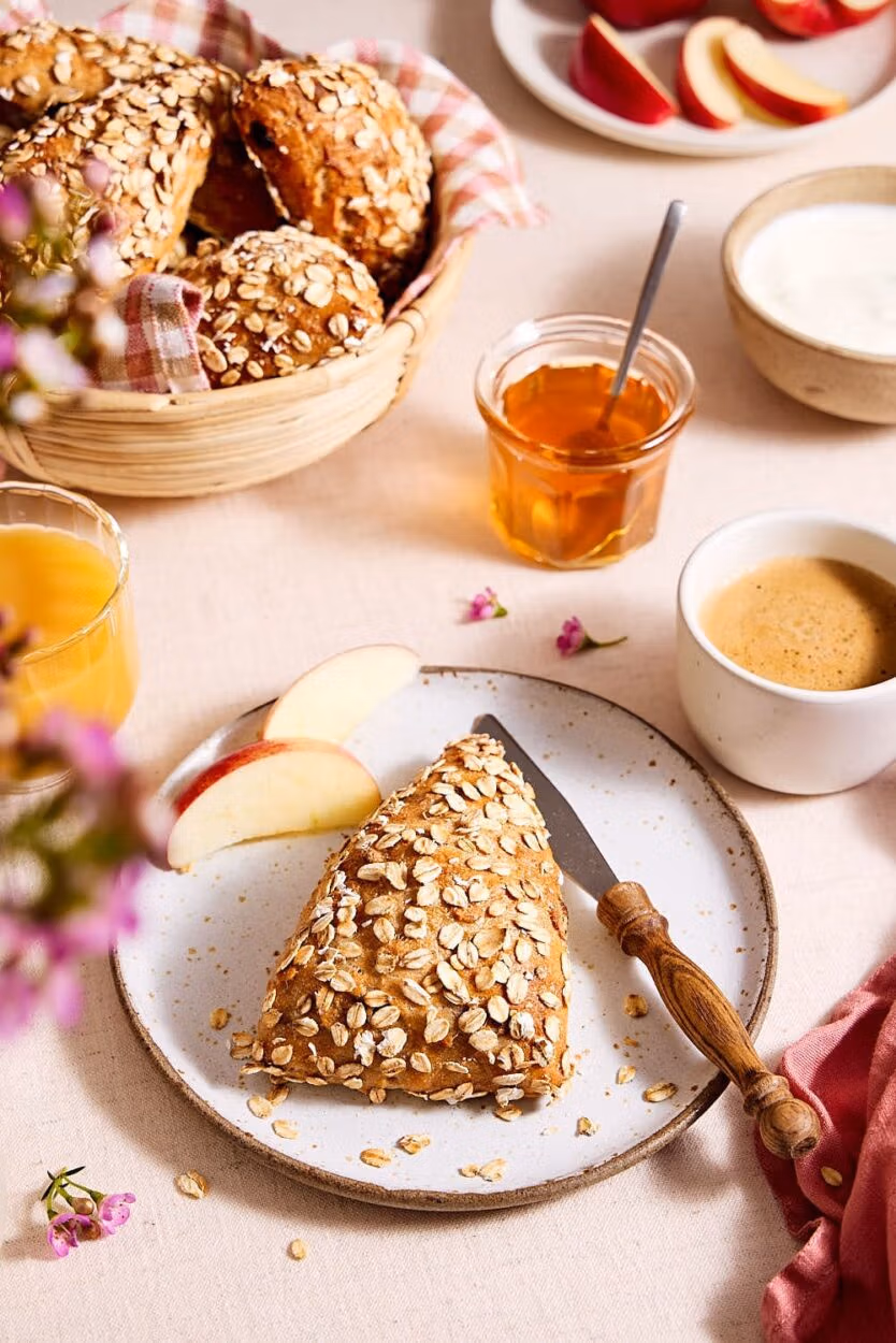 Müslibrötchen auf einem Teller, im Hintergrund Müslibrötchen in einem Brötchenkorb auf einem Frühstückstisch mit Orangensaft, Honig, Joghurt und aufgeschnittenem Apfel.