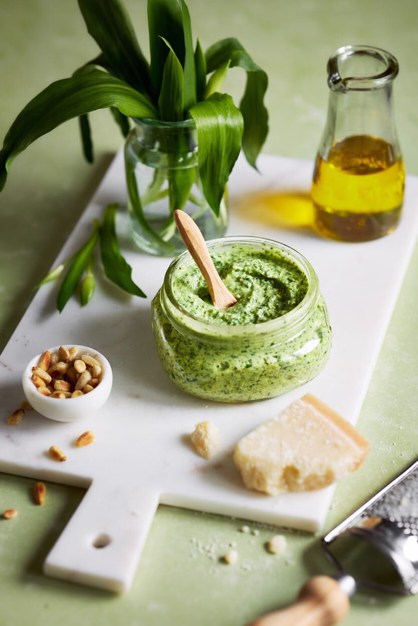 Ein Glas mit cremigem Bärlauch-Frischkäse-Pesto, umgeben von Pinienkernen, Parmesan und Olivenöl auf einem weißen Schneidebrett. Im Hintergrund steht ein kleines Glas mit frischem Bärlauch.