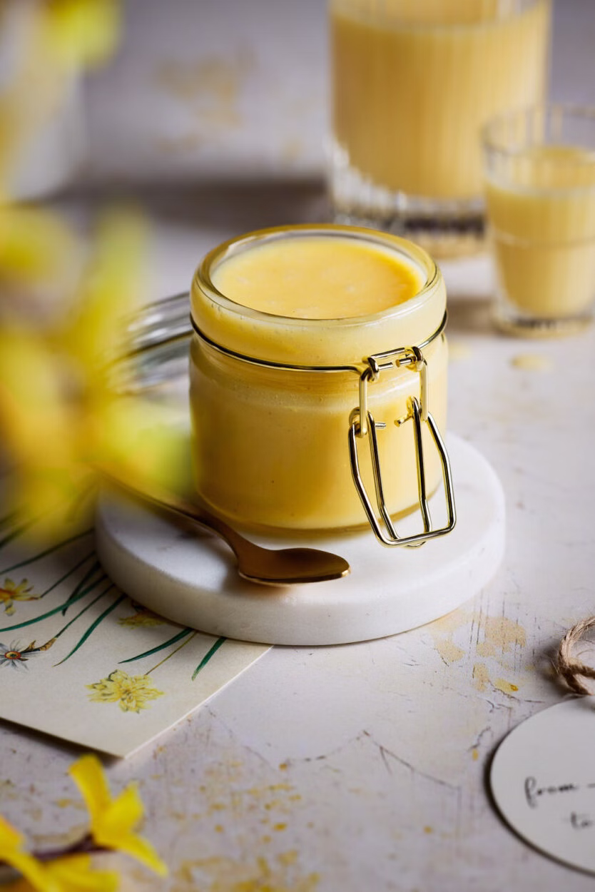 Cremige Eierlikörcreme in einem Glas auf einem weißen Untersetzer, im Hintergrund Eierlikör in einem Glas.
