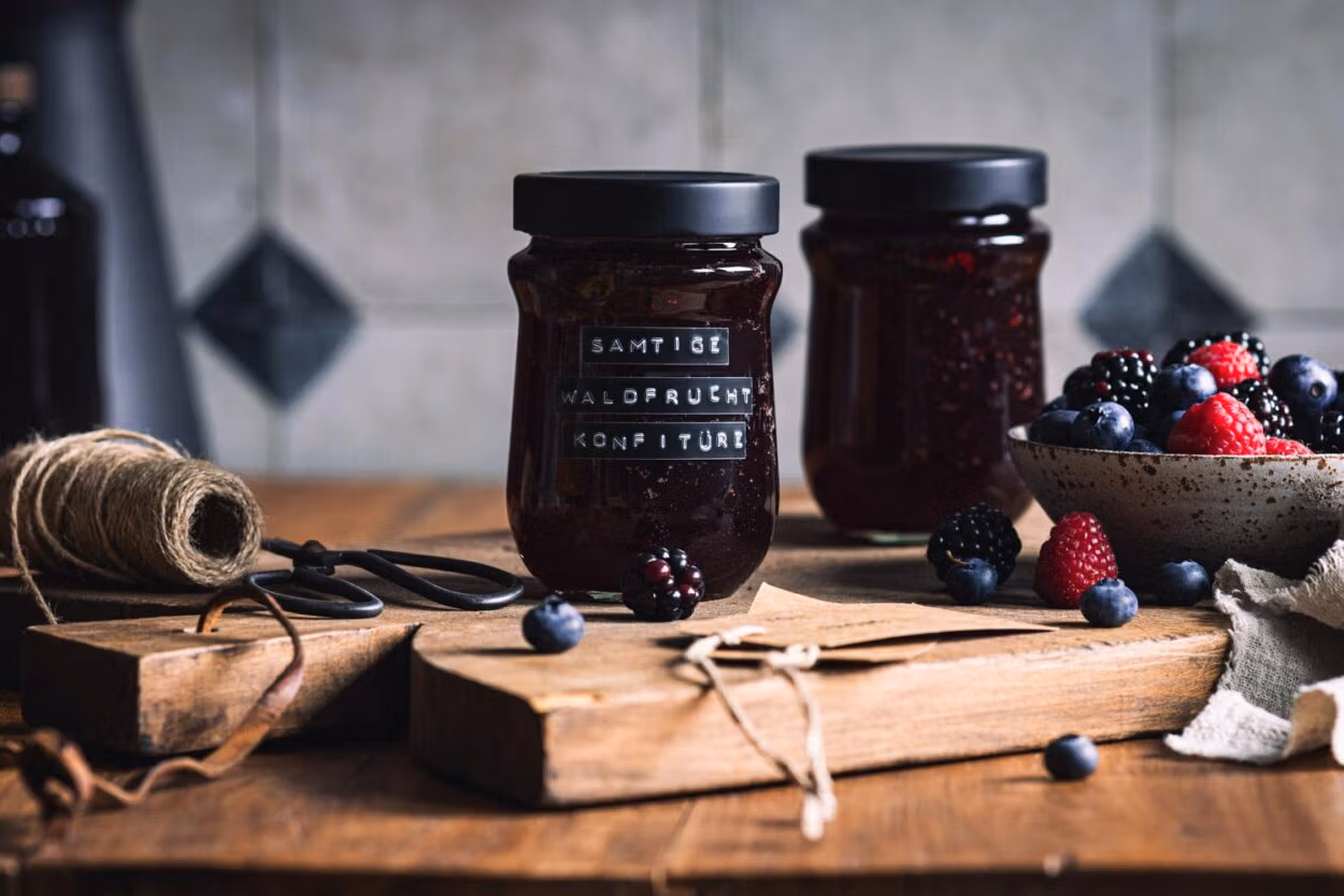 Waldfrucht Marmelade ohne Kerne in zwei Gläsern auf einem Holzbrett mit Beeren im Hintergrund.