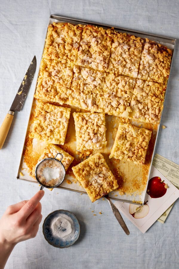 Luftiger Apfel-Streusel-Kuchen mit Pudding – angeschnittene Ansicht mit goldbrauner Kruste und fruchtiger Apfelschicht.