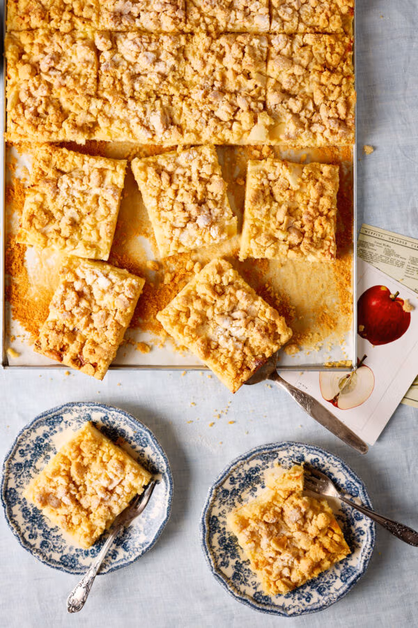 Apfelkuchen mit Pudding und Streuseln – rustikaler Klassiker vom Blech mit zartem Teig und Vanillecreme.