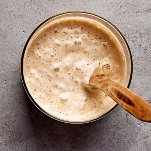 Reifer Weizensauerteig mit vielen Luftbläschen in einem Einmachglas.