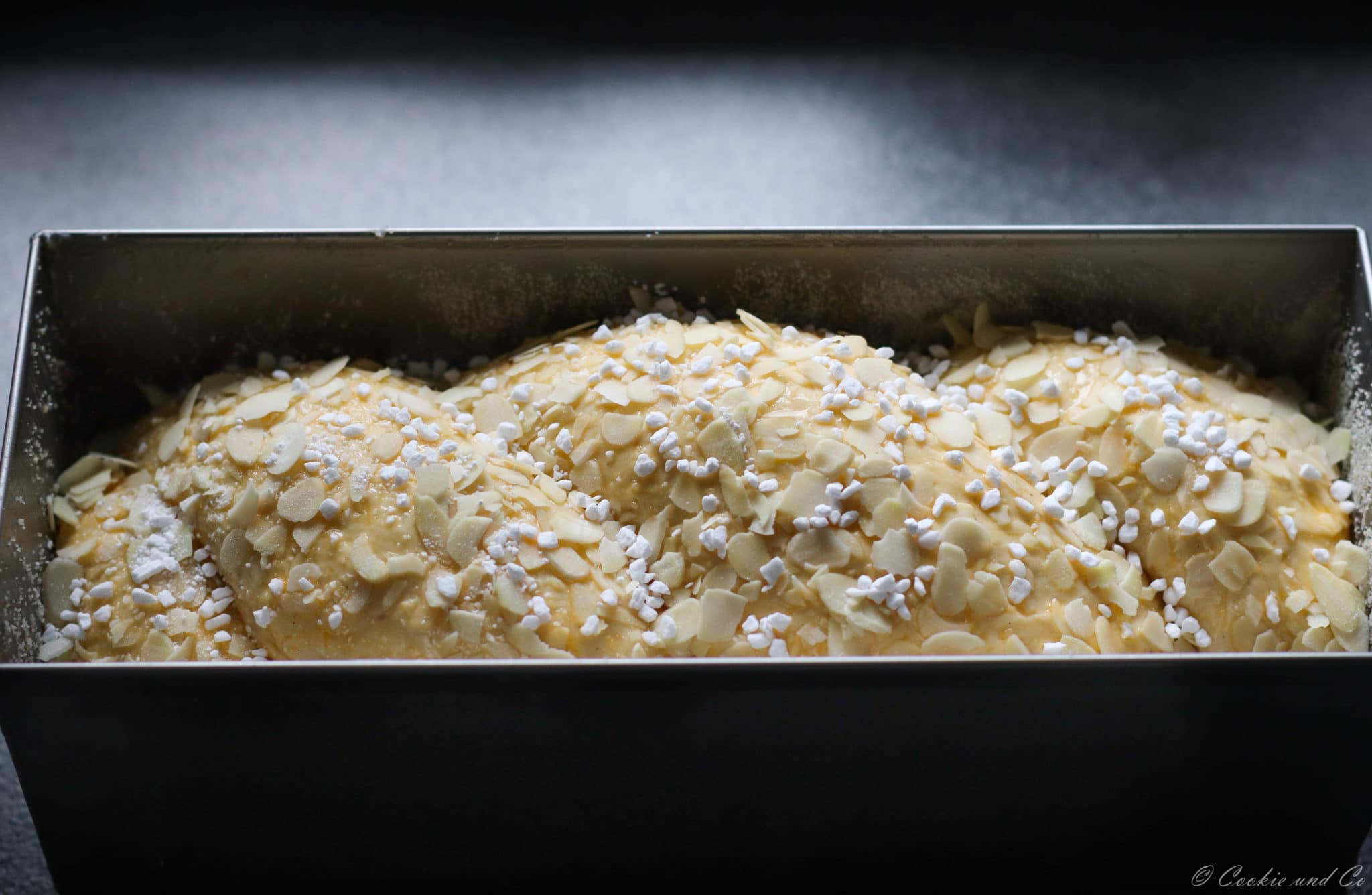 Reifer Quarkstuten in der Kastenform vor dem backen.