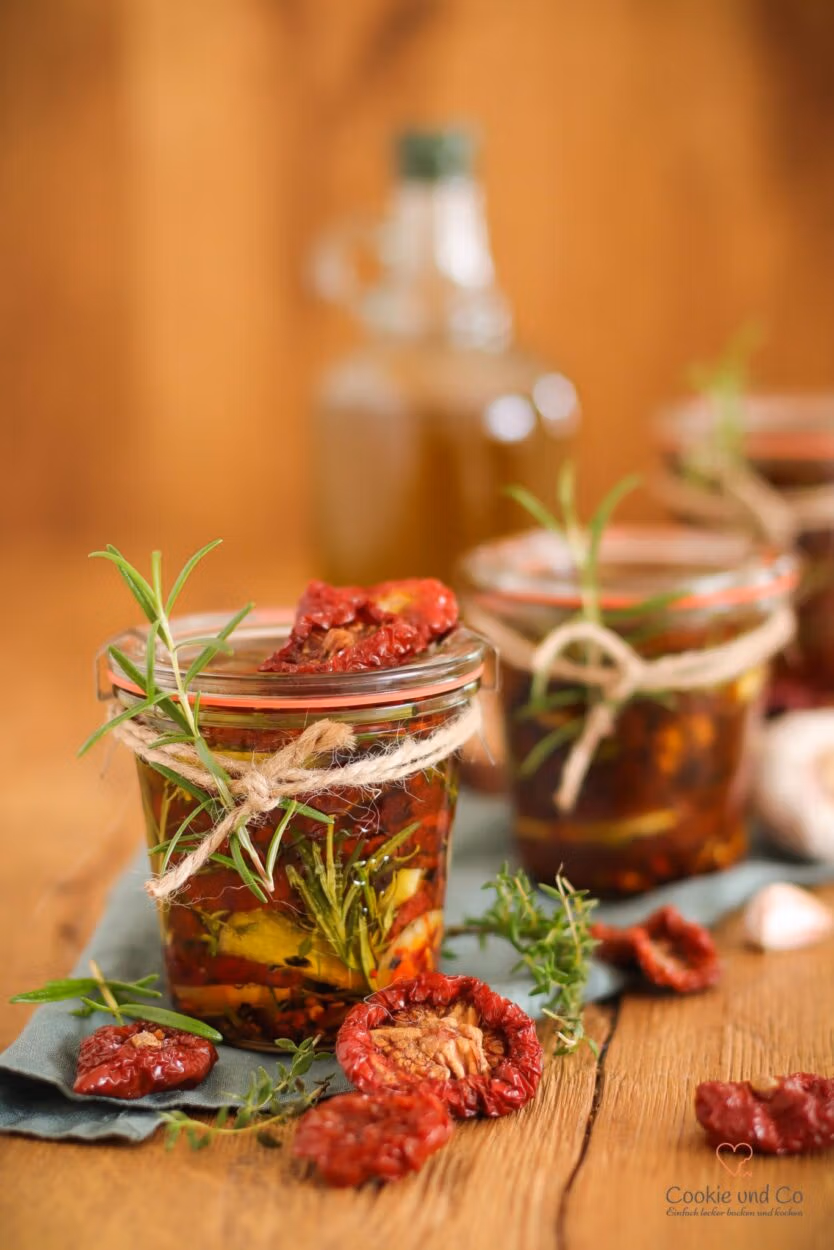 Eingelegte getrocknete Tomaten in einem Weckglas.