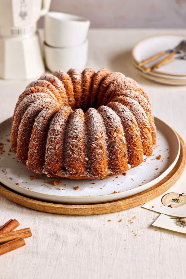 Saftiger Apfel-Dinkelkuchen, gebacken als Gugelhupf auf einem Teller mit Tassen und einer Kaffeekanne im Hintergrund. 
