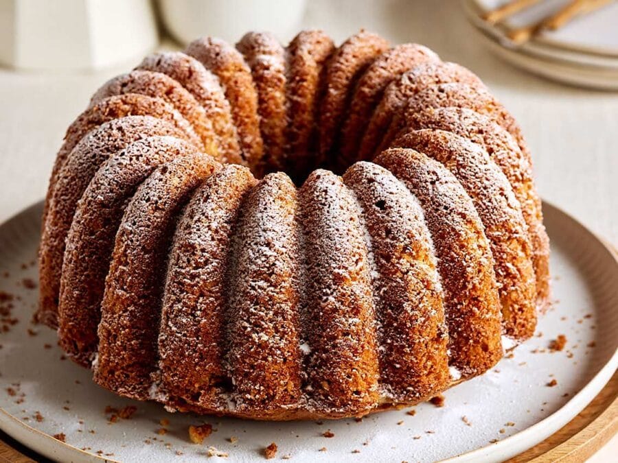Frisch gebackener Apfe-Dinkel-Kuchen mit Puderzucker bestreut.