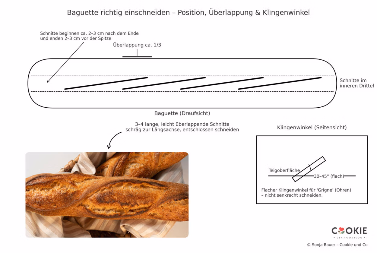 Grafik mit der Anleitung für das richtige Einschneiden bei französischem Baguette. 