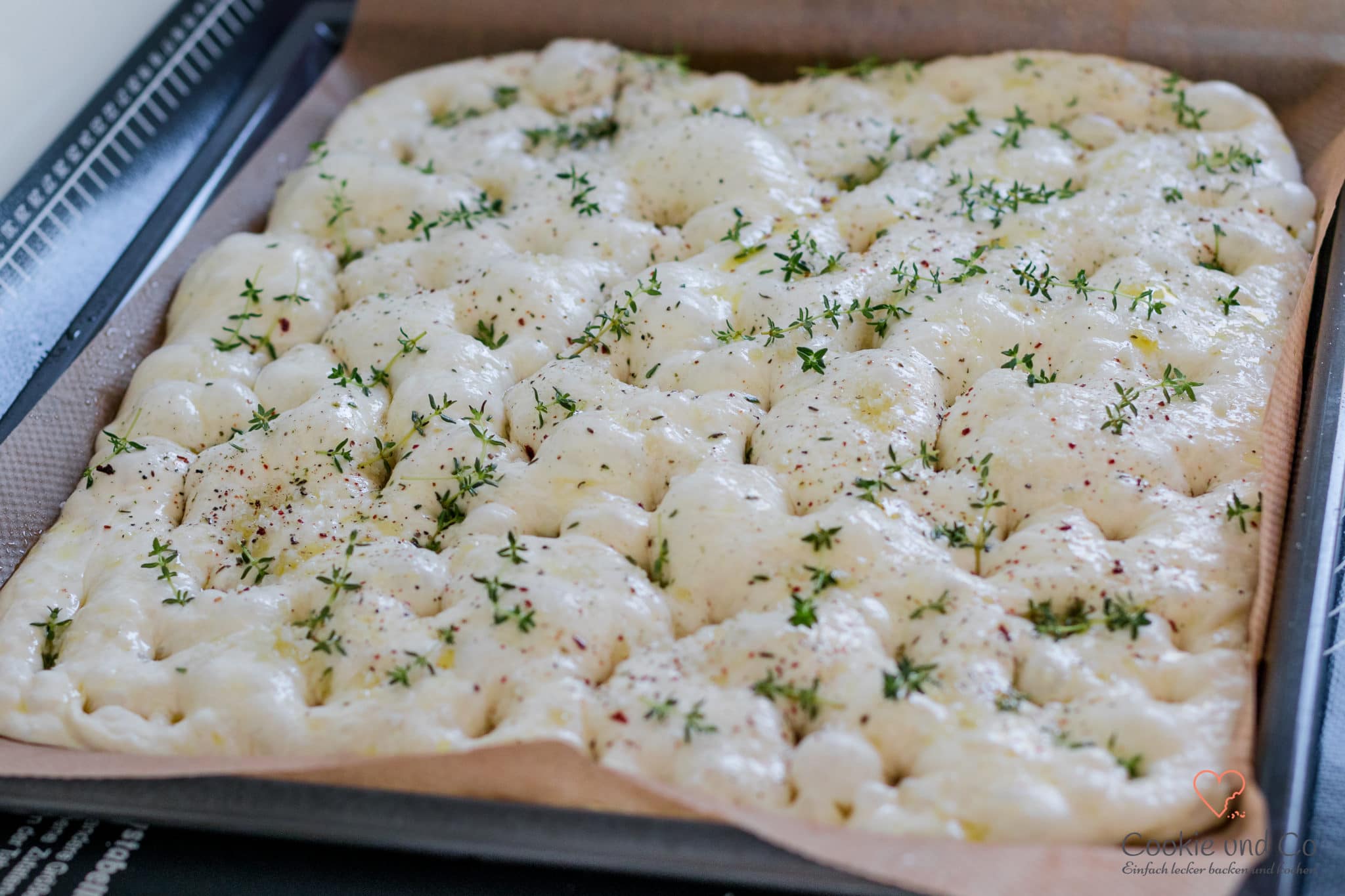 Focaccia Teig auf einem Backblech mit eingestippten Mulden und mit Thymian und Fleur de Sel bestreut.