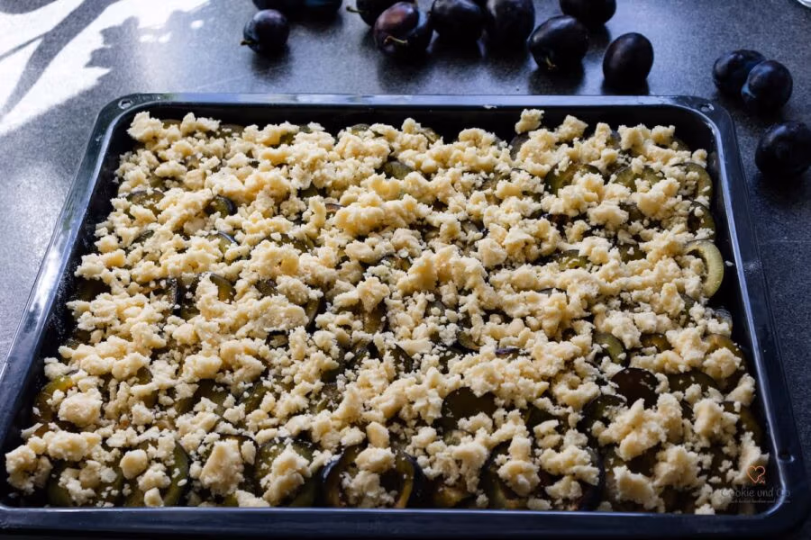 Pflaumenkuchen mit Streusel vom Blech mit Quark-Öl-Teig vor dem Backen.