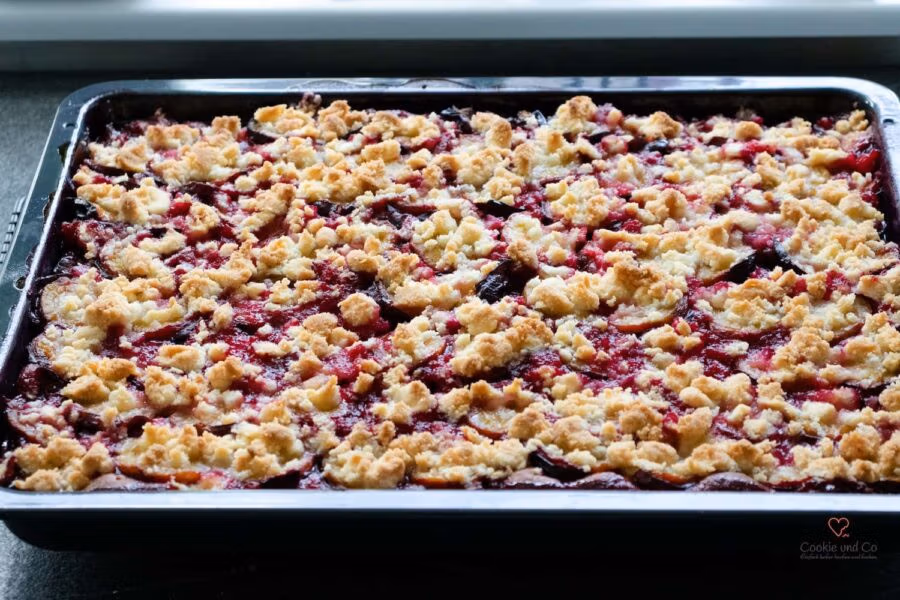 Frisch gebackener Pflaumenkuchen mit Streusel auf einem Backblech aus Quark-Öl-Teig ohne Hefe.