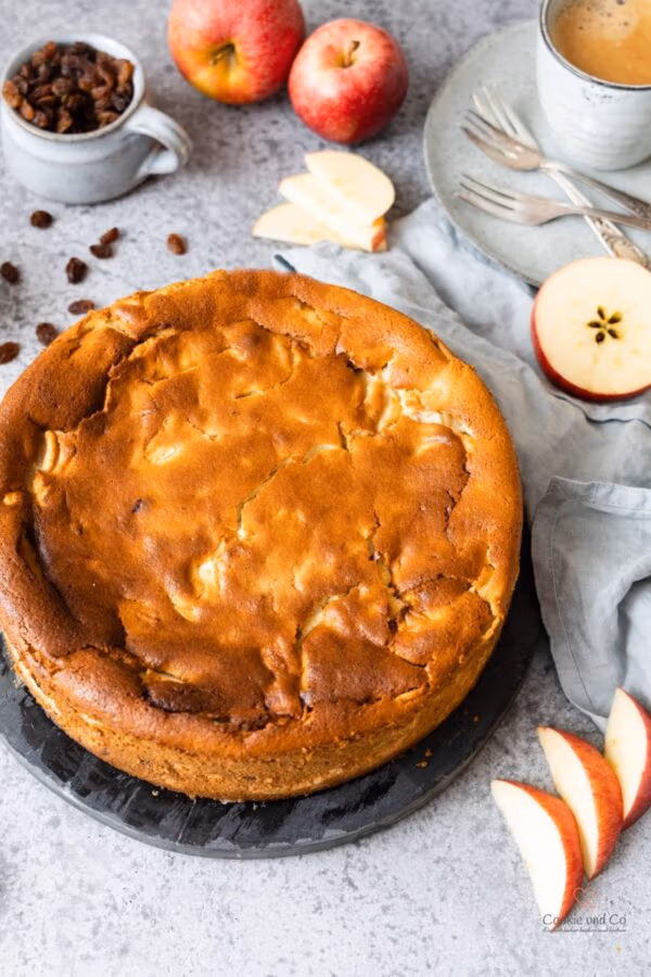 Saftiger Apfel-Quark-Kuchen mit Äpfeln und einer Tasse Kaffee im Hintergrund.