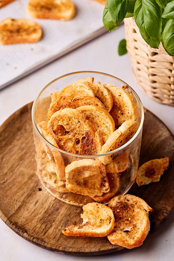 Selbstgemachte Brotchips in einem Glas mit einem Blech mit Brotchips im Hintergrund.