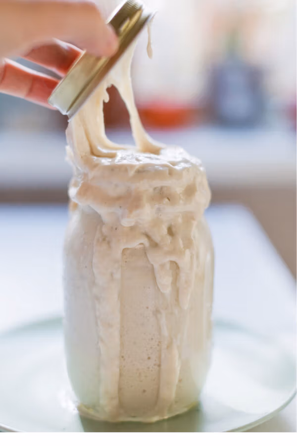 Levain, reifer Weizensauerteig in einem Glas.