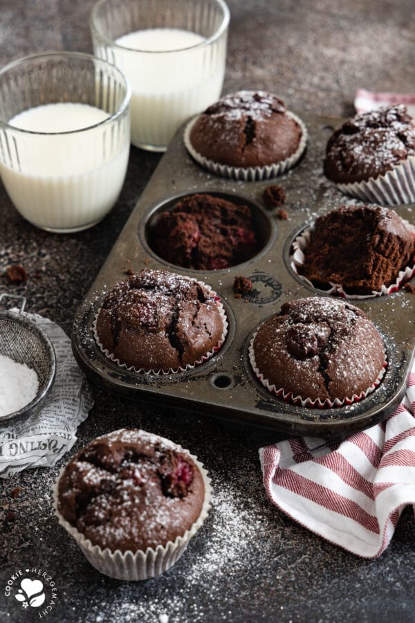 Schoko-Kirsch-Muffins in einer alten Backform mit zwei Gläsern Milch im Hintergrund.