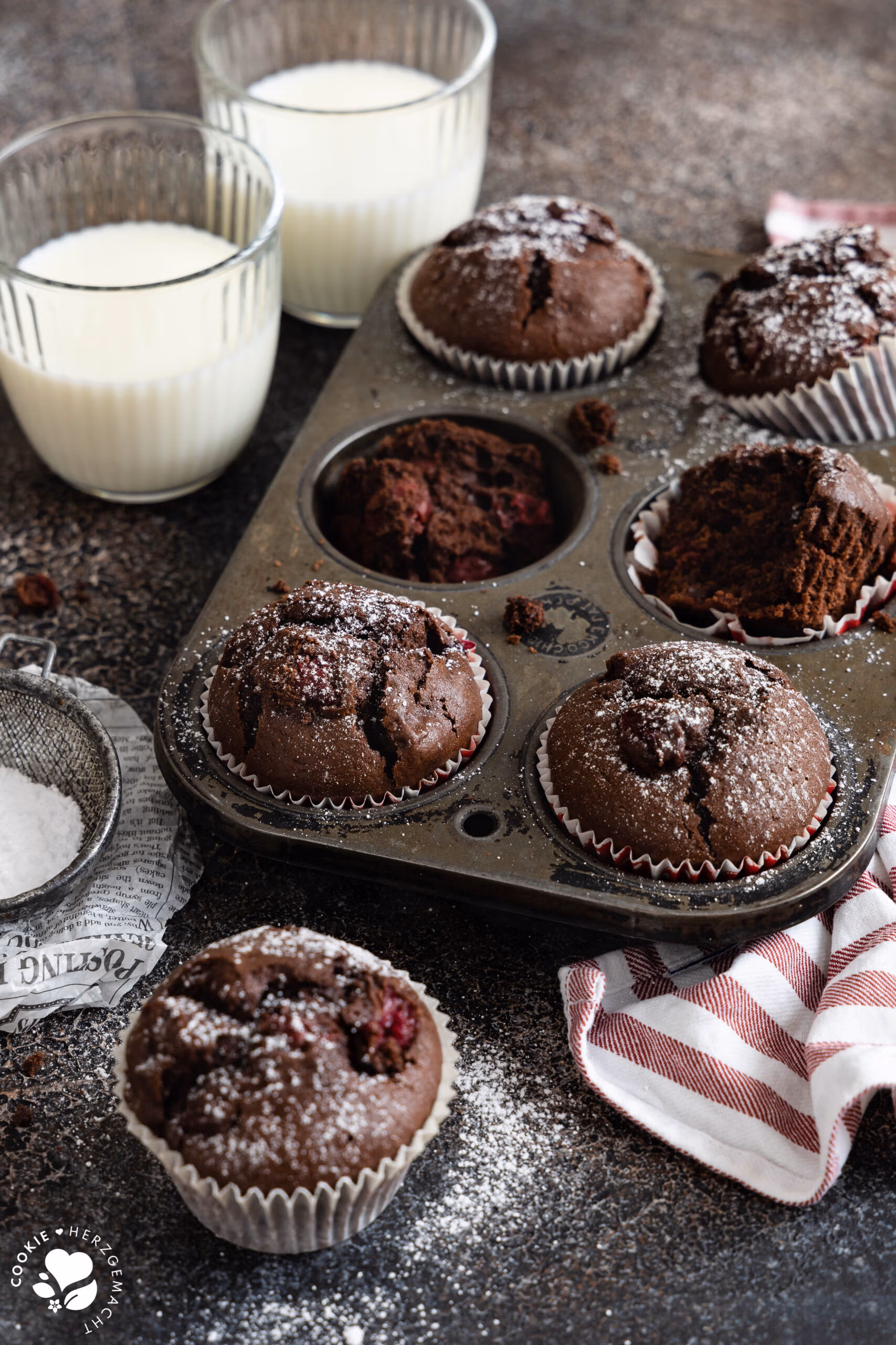 Schoko-Muffins mit Sauerteig und Kirschen – saftig & einfach