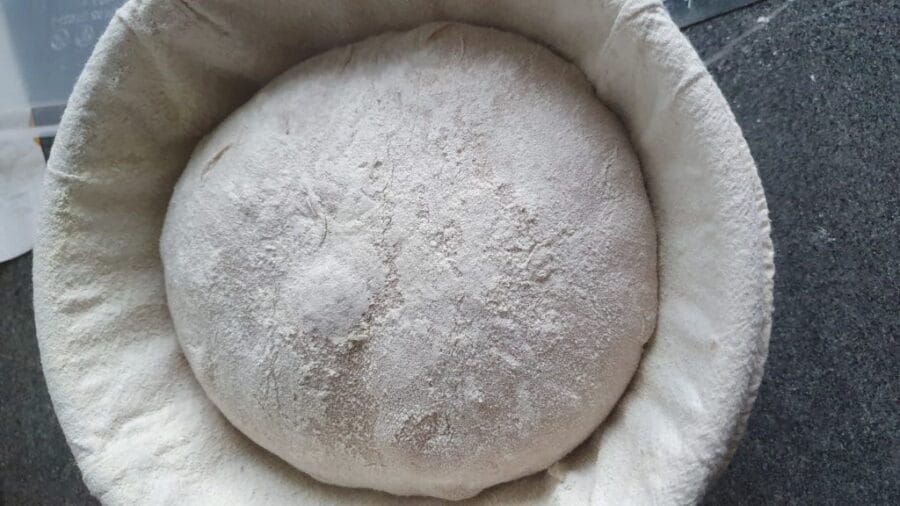 Geformter Teig im Gärköbchen für eine Weizenvollkornkruste.