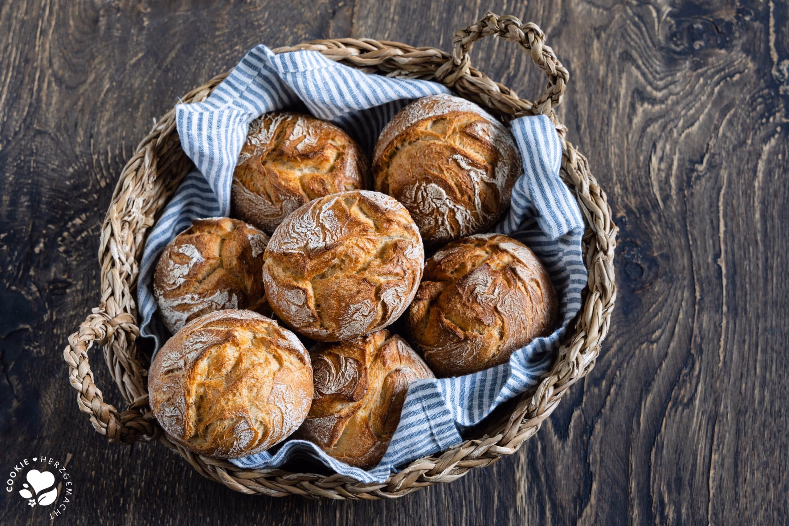Rustikale Auffrischbrötchen mit Sauerteigresten in einem Brötchenkorb mit einem Blau gestreiften Tuch. Die Brötchen haben einer aromatische, lockere Krume und knusprige Kruste.