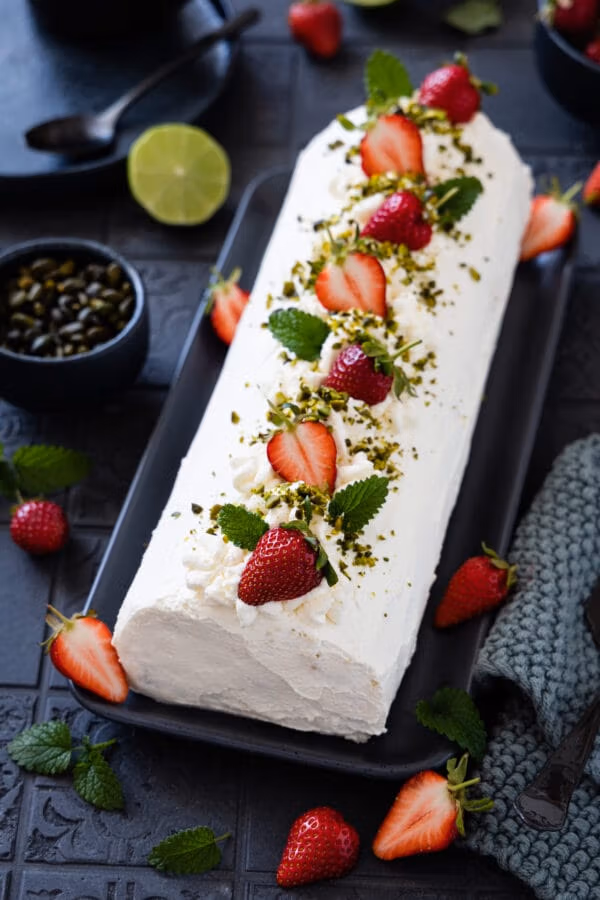 Eine Erdbee-Sahne-Rolle mit Erdbeeren, Pistazien und Minze dekoriert.