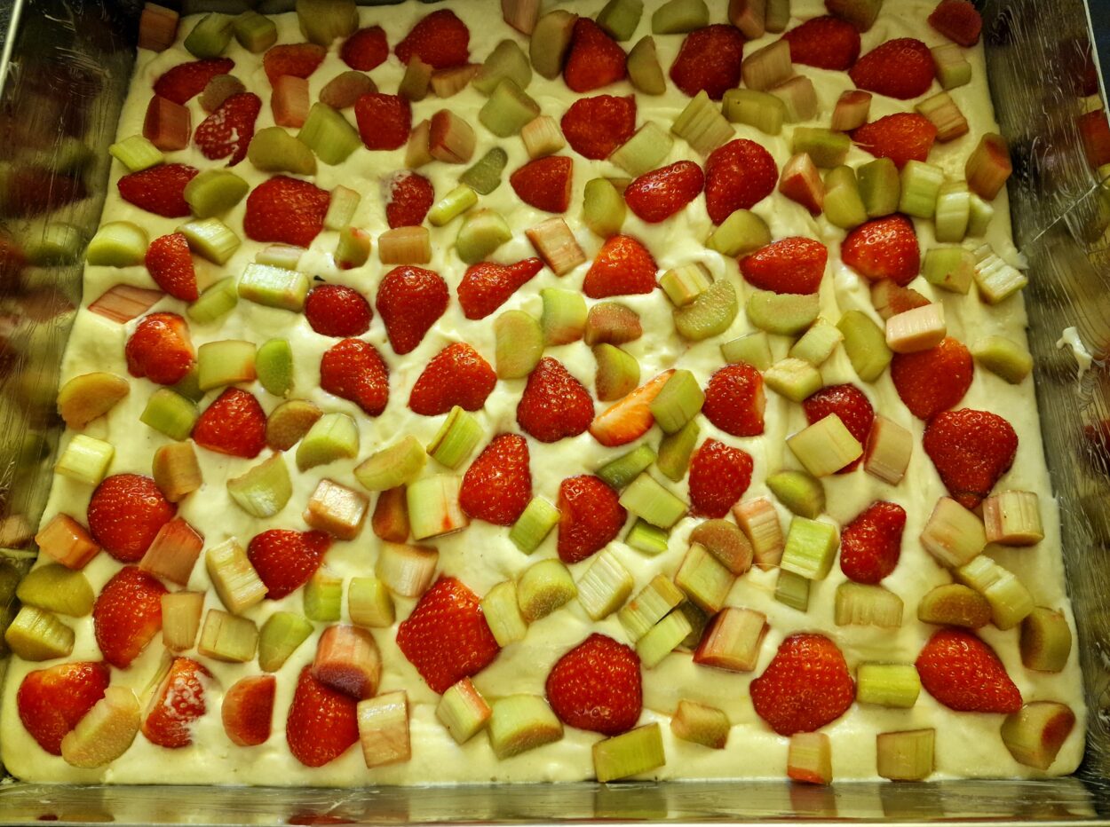 Erdbeeren und Rhabarber in Stücken auf Rührteig in einem Backrahmen vor dem Backen.