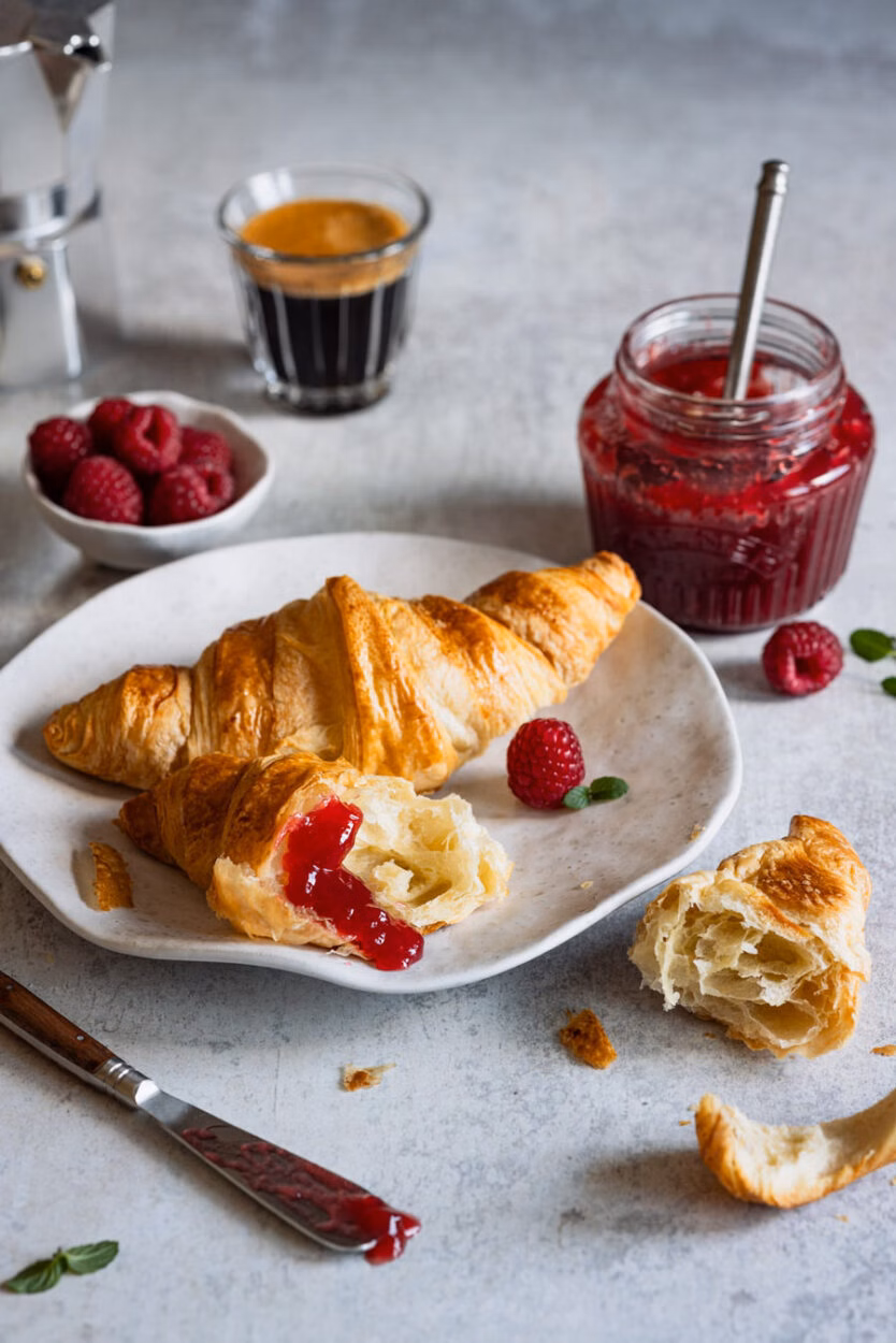 Himbeer-Marmelade ohne Kerne und Croissants auf einem Teller mit einem Marmeladenglas, einem Schälchen Himbeeren und Espresso im Hintergrund.