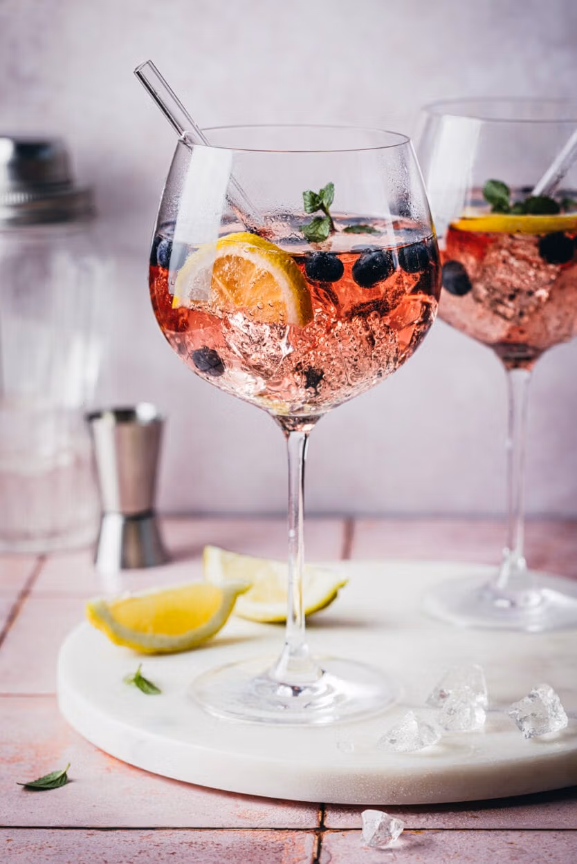 Heidelbeer Gin Spritz in zwei Cocktailgläsern auf einer Marmorplatte mit wZitronenspalten und Eiswürfeln im Vordergrund. Im Hintergrund stehen ein Jigger und ein Cocktailshaker.