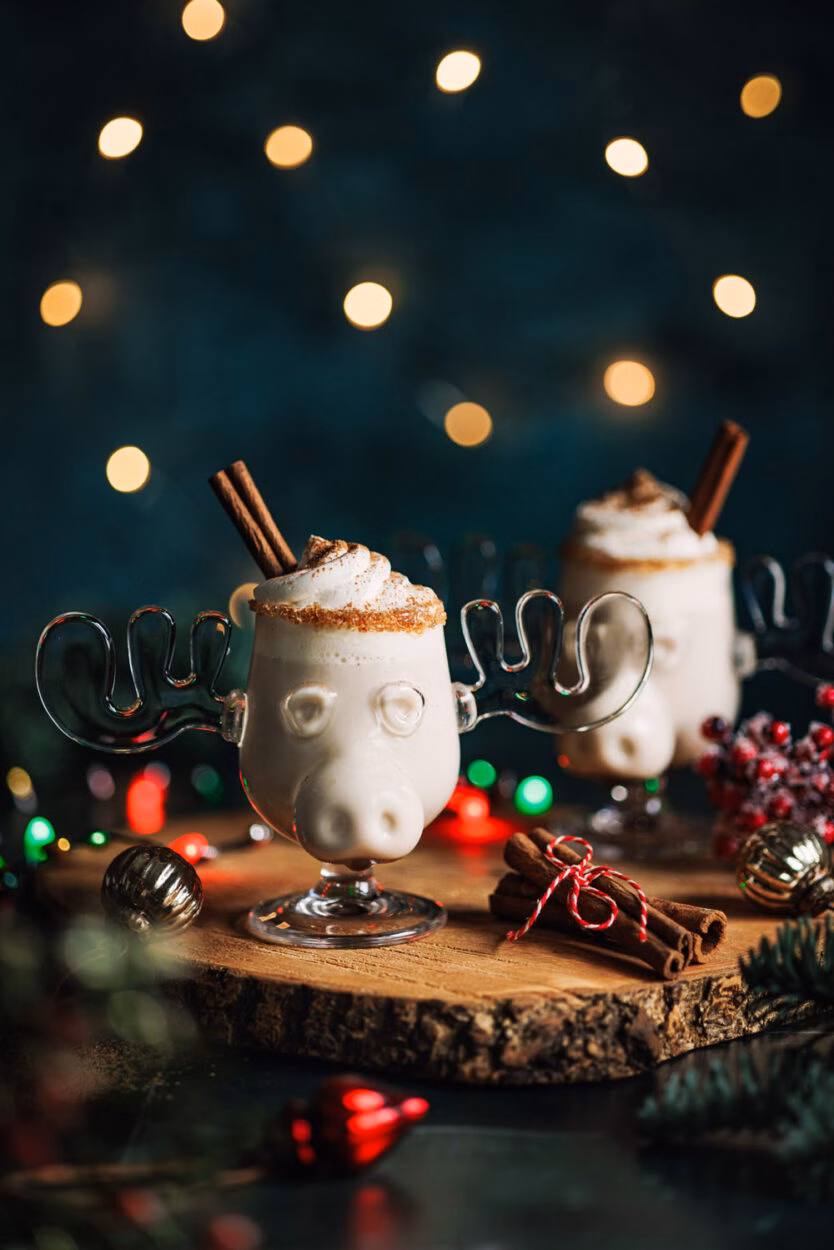 Alkoholfreier Eierpunsch in einer Elchtasse mit Sahnehaube und Zimtstange in einem weihnachtlichen Setting.