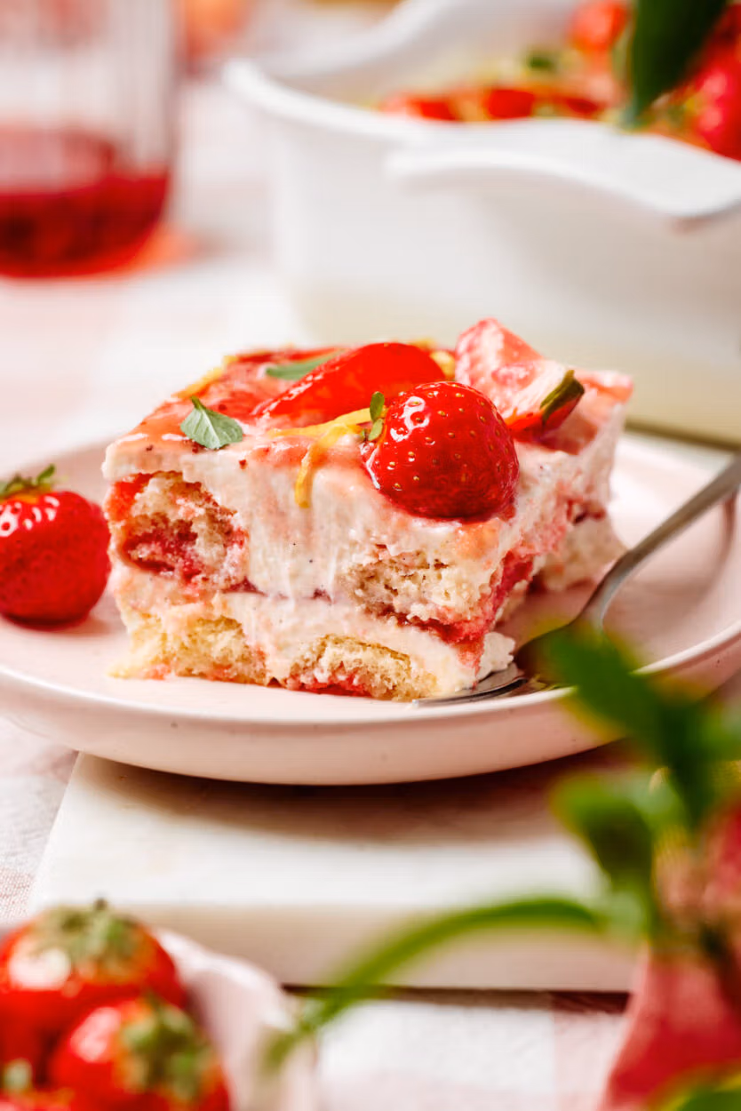 Eine Portion Erdbeer-Tiramisu auf einem Teller mit einer Gabel, einem Schälchen mit frischen Erdbeeren und Minzblättchen im Vordergrund und eine Keramikform mit dem Tiramisu im Hintergrund.