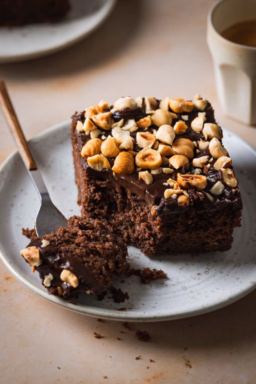 Saftiger Schoko-Zucchinikuchen mit Schokoglasur und Haselnüssen.