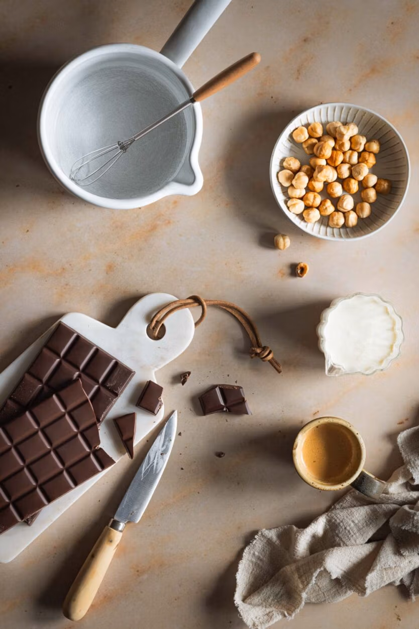 Zutaten wie Schokolade, Nüsse, Sahne und Espresso für das Topping eines saftigen Schoko-Zucchinikuchens.