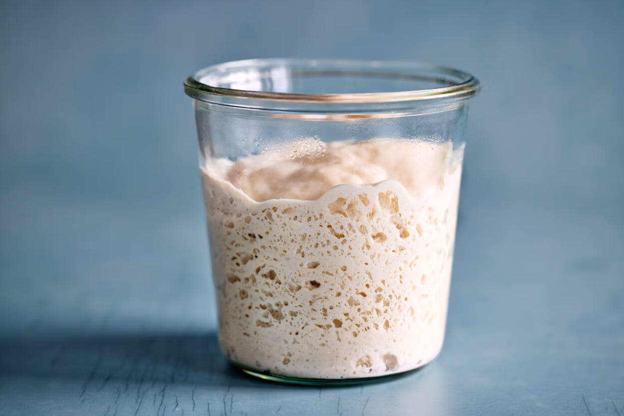 Lievito Madre in einem Glas – aus Sauerteig umgezüchtet.
