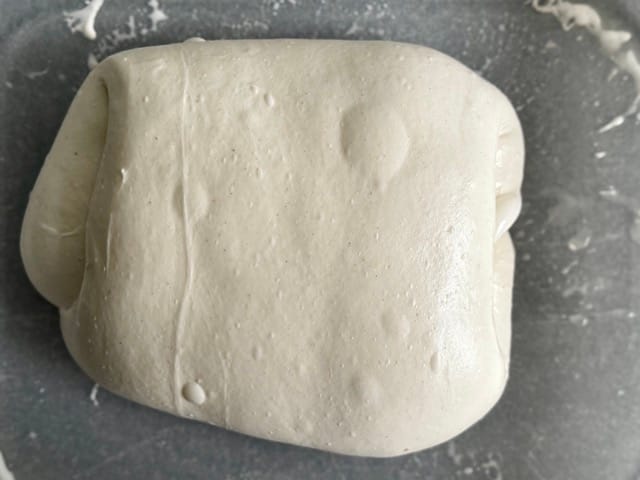 Teig für Sauerteigbrötchen während der Stockgare in einer Teigwanne.