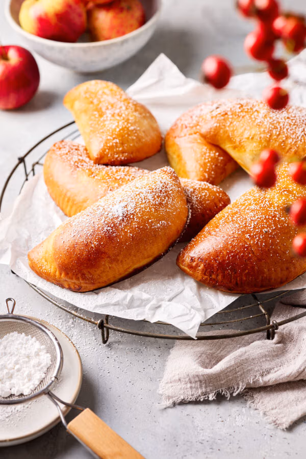 Apfeltaschen mit Hefeteig auf einem Kuchengitter mit Puderzucker-Sieb im Vordergrund und Äpfeln im Hintergrund.