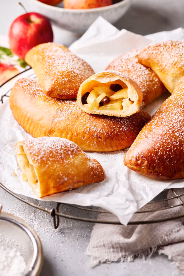 Apfeltaschen mit Hefeteig auf einem Kuchengitter mit Puderzucker-Sieb im Vordergrund und Äpfeln im Hintergrund.