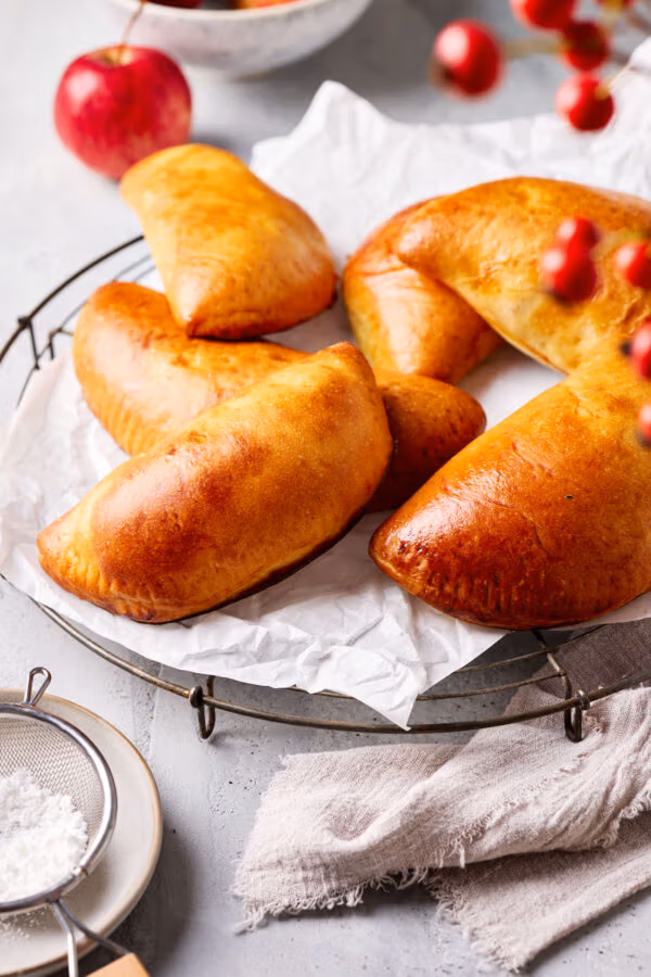 Apfeltaschen mit Hefeteig auf einem Kuchengitter mit Puderzucker-Sieb im Vordergrund und Äpfeln im Hintergrund.