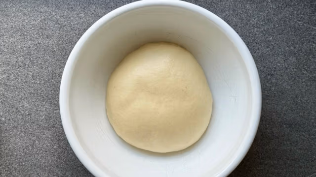 gekneteter Hefeteig in einer Schüssel.