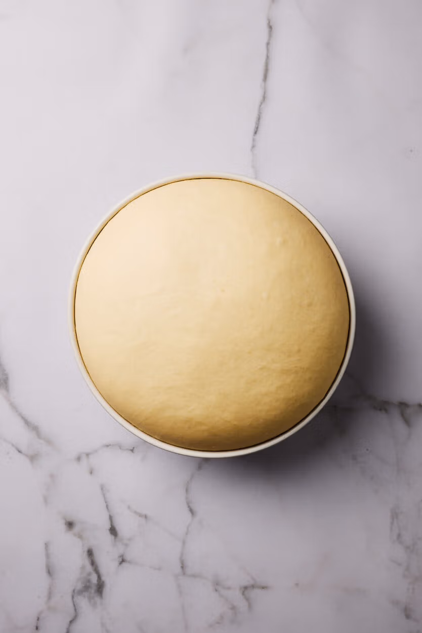 Gereifter Hefeteig in einer Keramikschüssel.