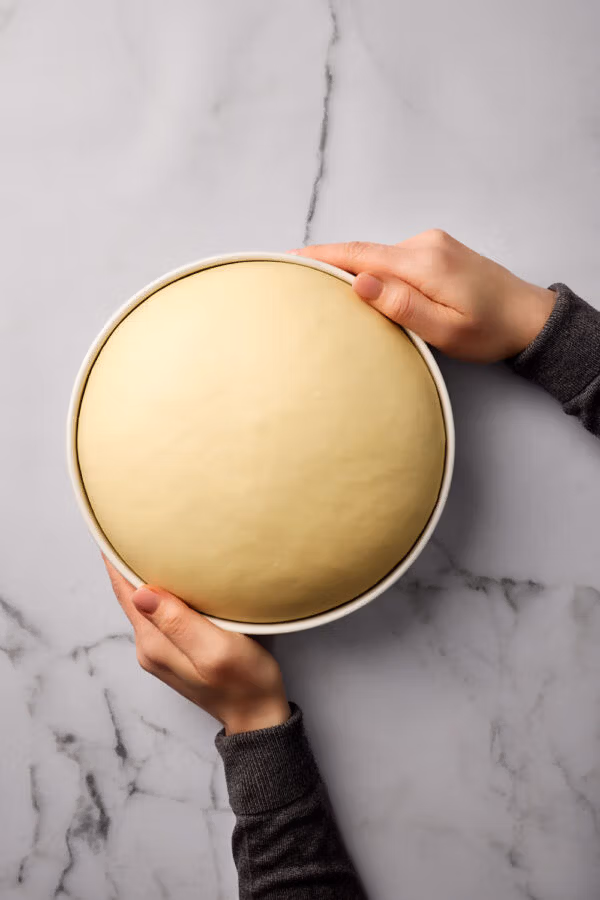 Hefeteig in einer Keramikschüssel, die von zwei Händen gehalten wird.