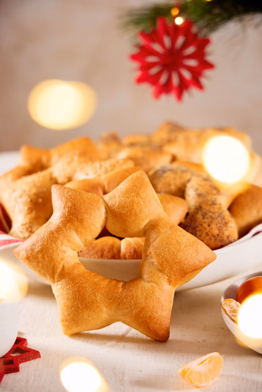 Süße Hefesterne auf einem weihnachtlichen Frühstückstisch.