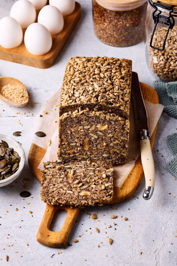 Saatenbrot ohne Mehl auf einem Holzbrett mit einem Messer daneben und weiteren Zutaten im Hintergrund.