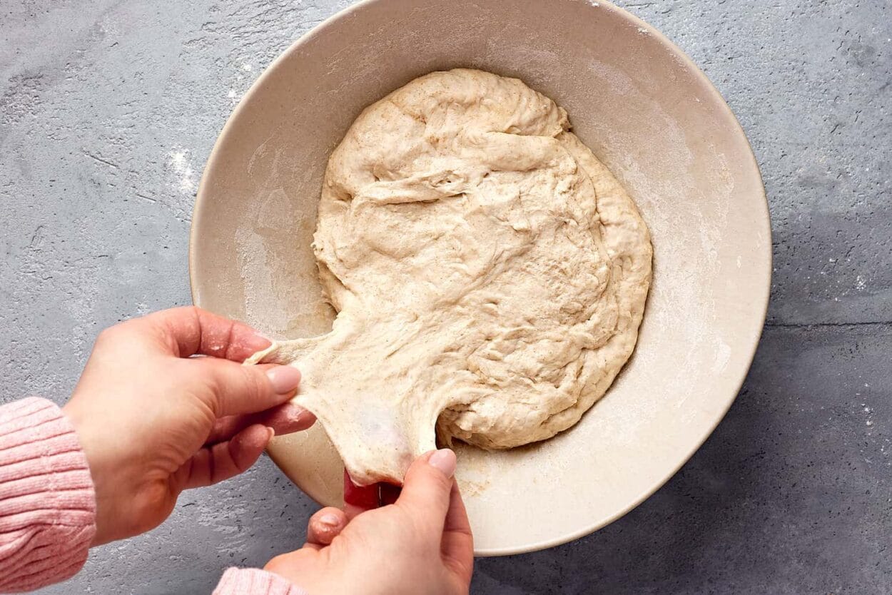 Brotbacken mit Sauerteig: Teig in einer Schüssel nach der Autolyse mit aufgebauter Teigstruktur. 
