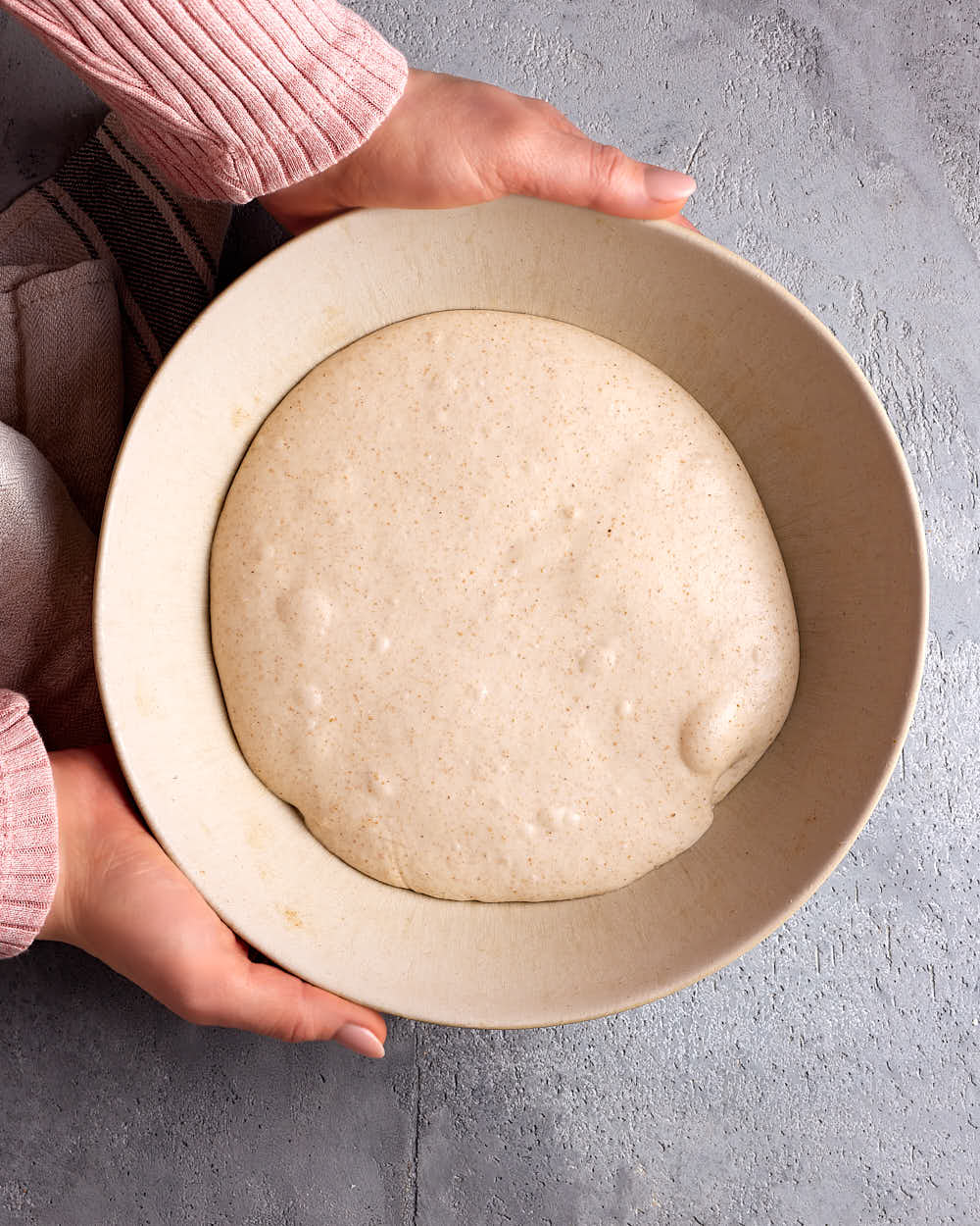 Reifer Teig für ein einfaches Weizensauerteigbrot nach der Stockgare.